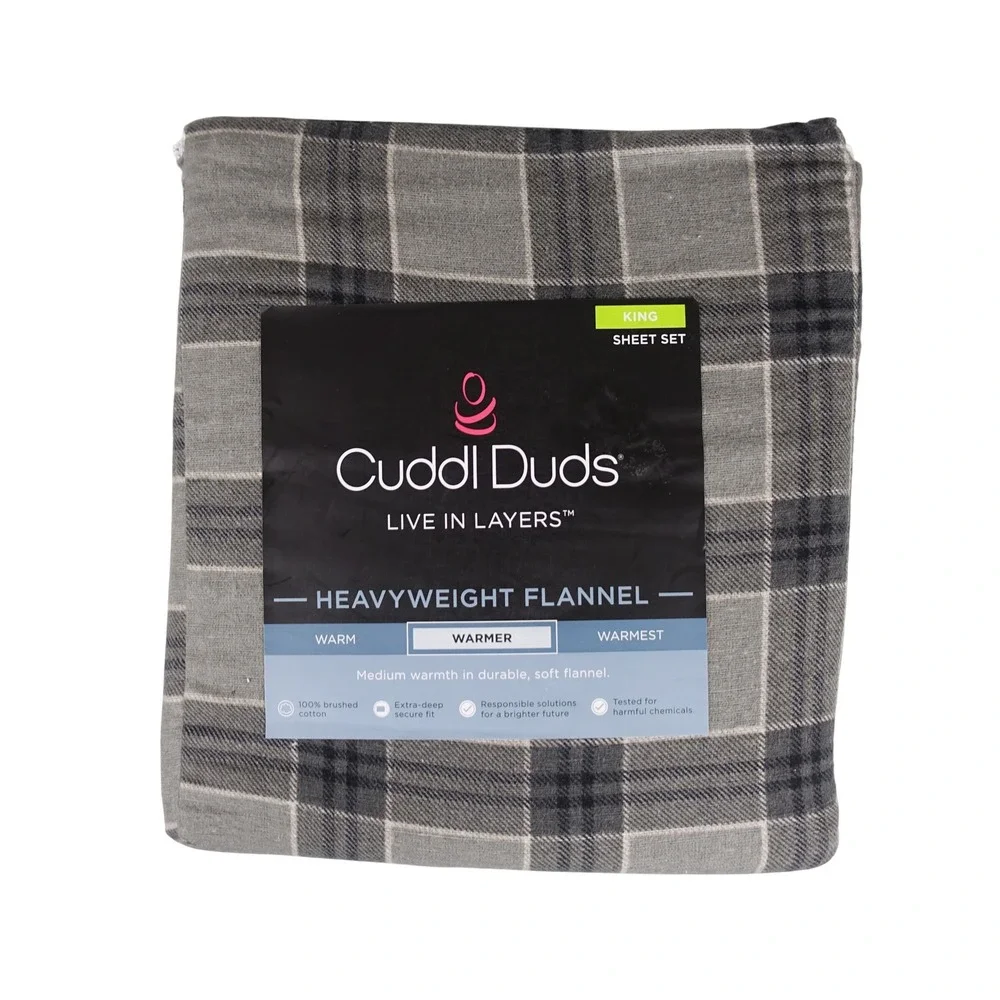 Cuddl Duds King Sheet Set Heavyweight Flannel Gray Plaid 100% Brushed Cotton NEW